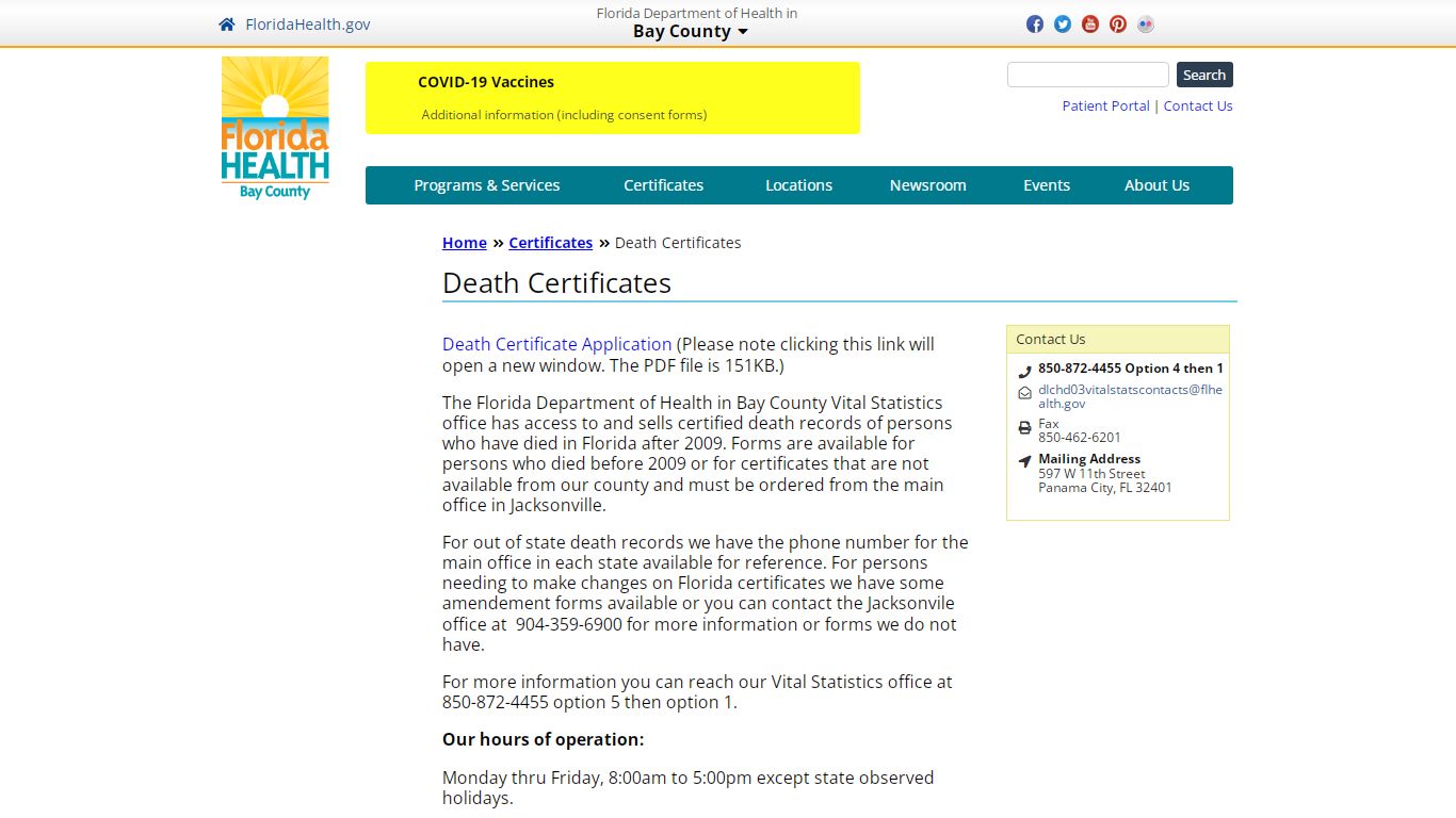 Death Certificates | Florida Department of Health in Bay